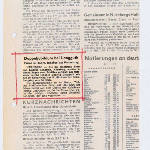 Zeitungsmitteilung zum Jubiläum 50 Jahre Baufirma Ernst und Ludwig Langguth