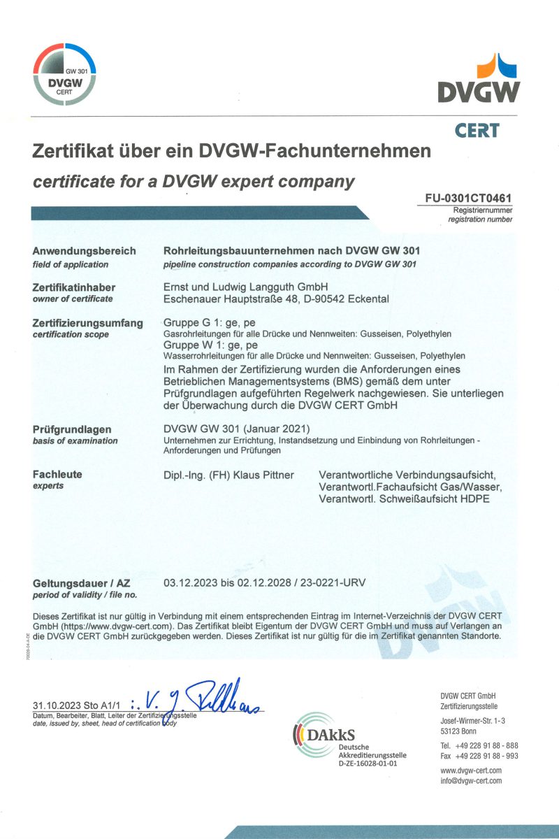 DVGW Fachunternehmen Zertifikat - 2023-2028